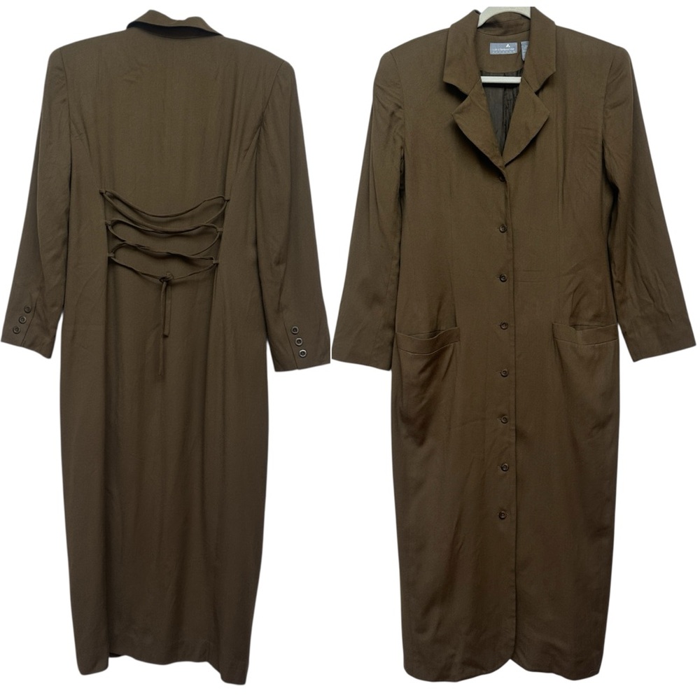 Liz Claiborne Long Wool Blend Button Down Dress with Lace-Up Back Size 10